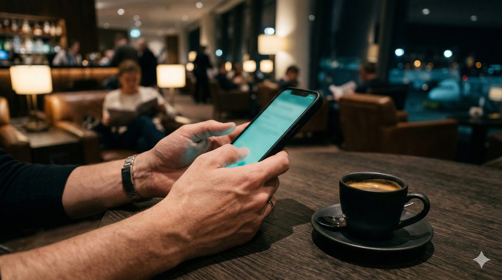 Profissional utilizando smartphone para orquestração de canais digitais na indústria farmacêutica
