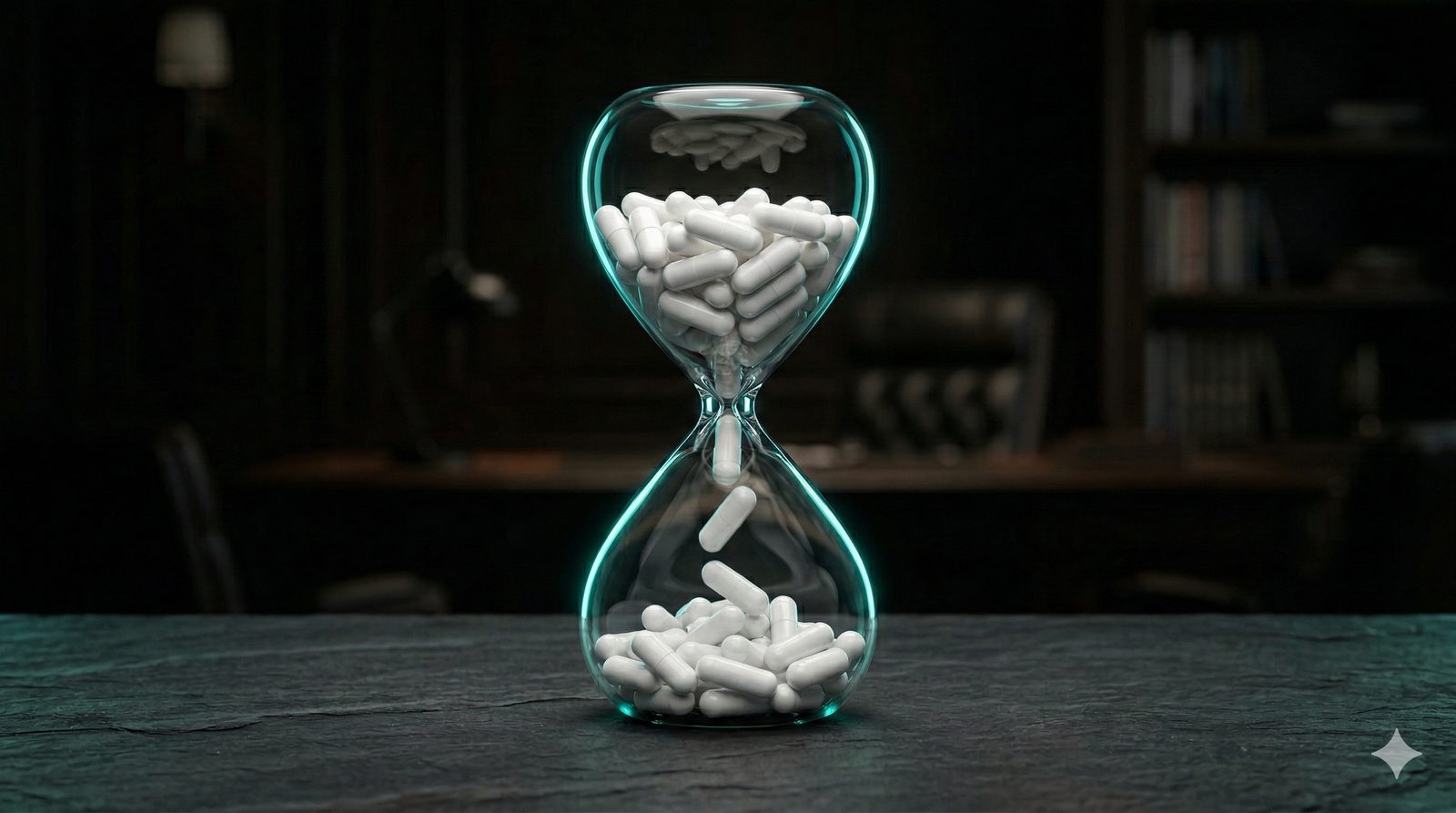 Ampulheta com cápsulas farmacêuticas representando o tempo como recurso escasso na indústria farma em 2026